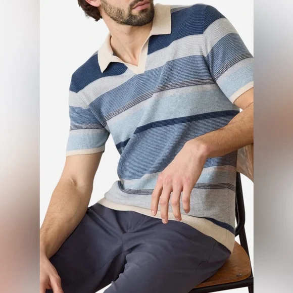 Marine Layer Liam Sweater Polo in Blue Multi Striped Shirt - Picture 8 of 8